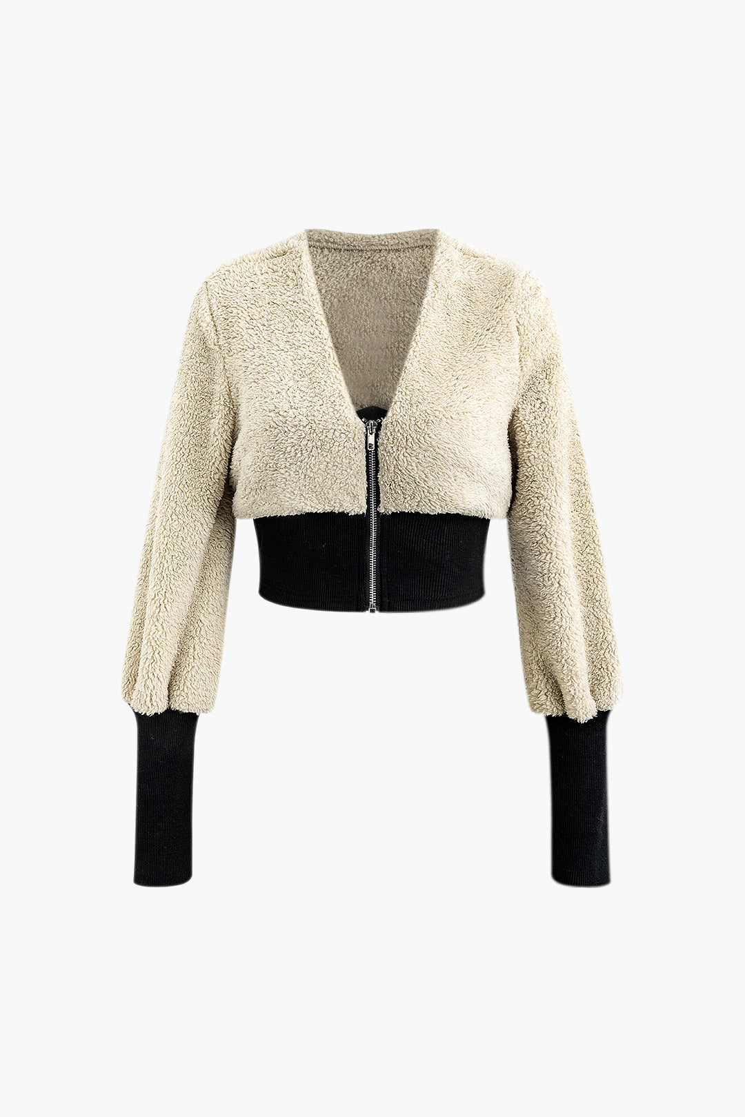 V-neck Fleece Patchwork Zipper Crop Jacket