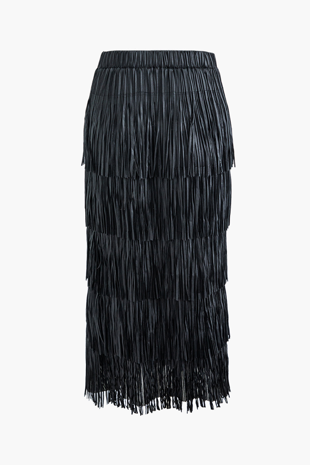 Tiered Fringe Elastic Waist Midi Skirt