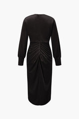 V-neck Pleated Velvet Midi Dress