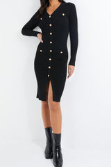 V-neck Button Up Rib Knit Long Sleeve Midi Dress