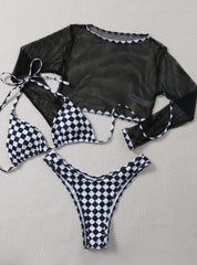 Checker Printed Mesh Three-piece Swimsuit