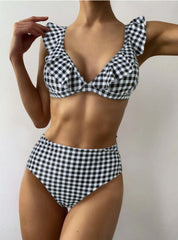 Black and White Dot Printed Flounce Split Swimsuit