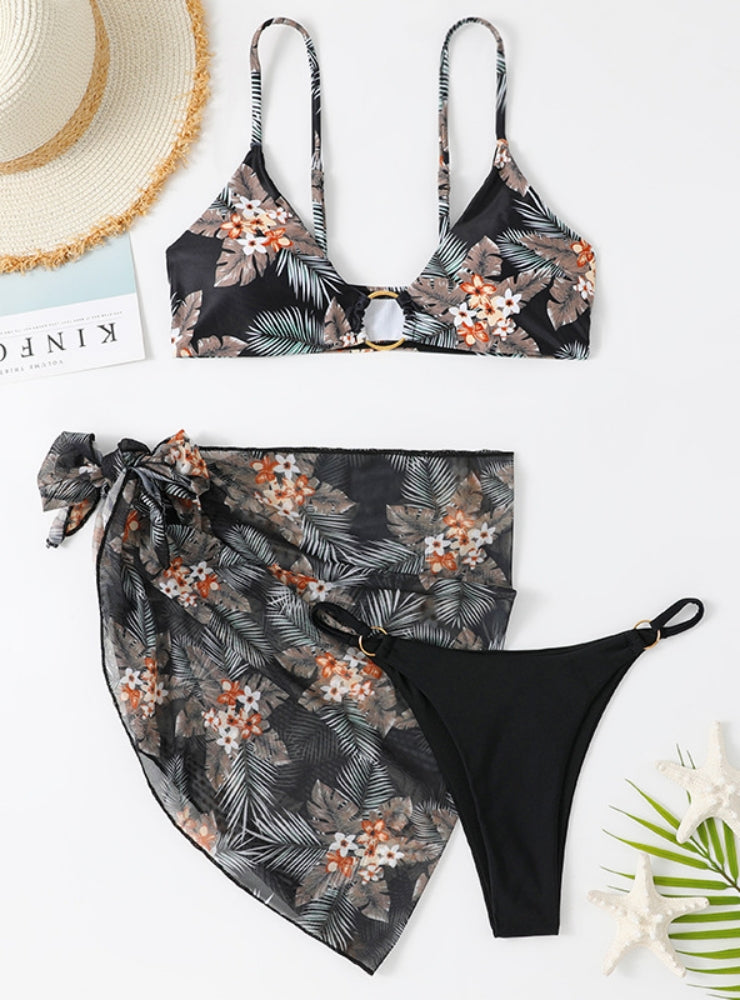 Leaf Printed Mesh Three-piece Swimsuit