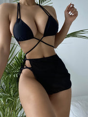 Drawstring Strap Solid Color Three-piece Bikini