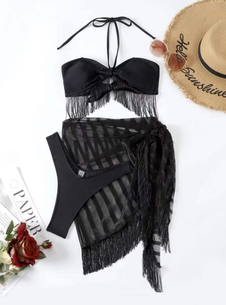 Tassel Sling Mesh Three-piece Swimsuit Bikini