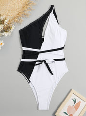 Black White Tie-up One Piece Bikini