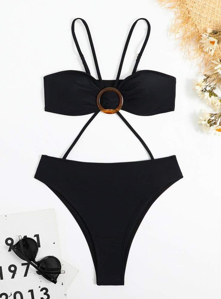 Solid Color Cross Tied Rope Tube Top One-piece Swimsuit