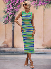 Striped Round Neck Sleeveless Midi Cover Up Dress