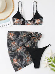 Leaf Printed Mesh Three-piece Swimsuit