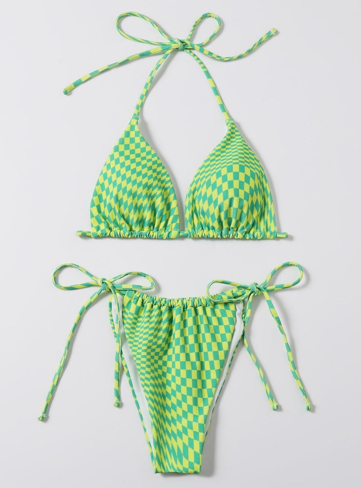 Green Plaid Sexy Split Swimsuit