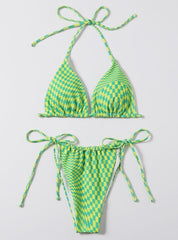 Green Plaid Sexy Split Swimsuit