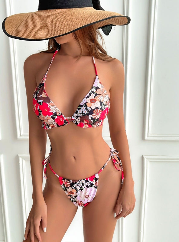 Pink Floral Printed Pleated Triangle Bikini