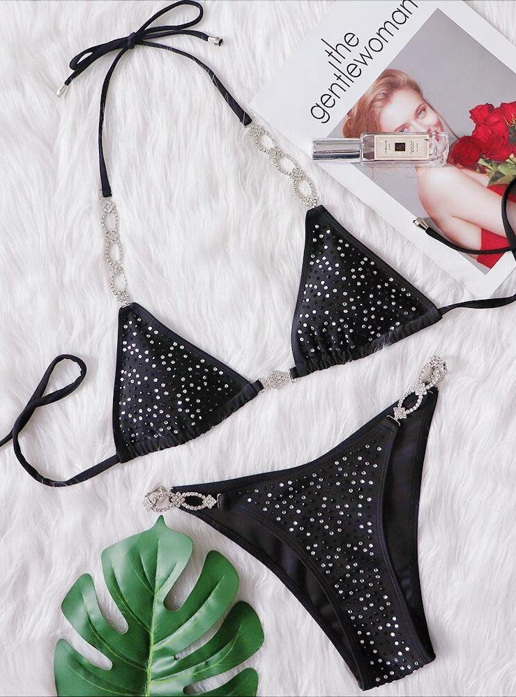 Sexy Rhinestones Split Solid Color Strap Bikini