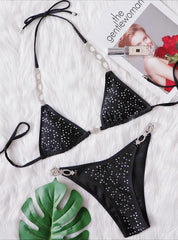 Sexy Rhinestones Split Solid Color Strap Bikini