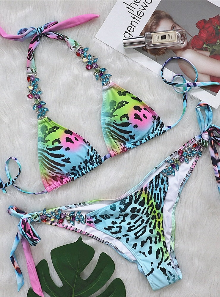 Crystal Diamond Sexy Printed Strap Bikini