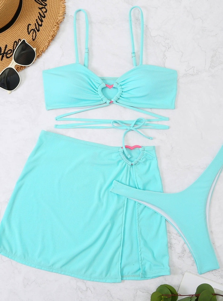 Solid Color Bandage Love Sexy Three-piece Bikini