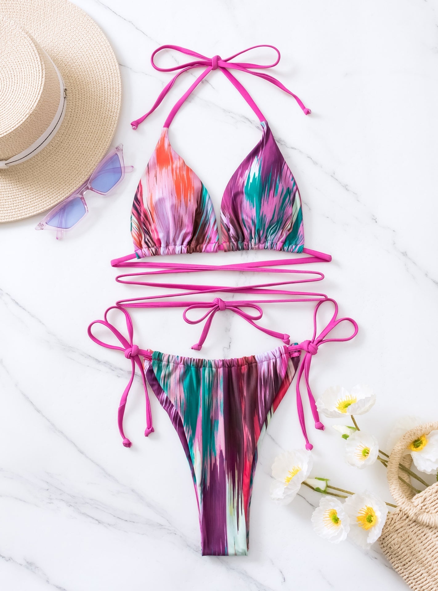 Color Printed Bandage Two-piece Bikini