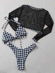 Checker Printed Mesh Three-piece Swimsuit