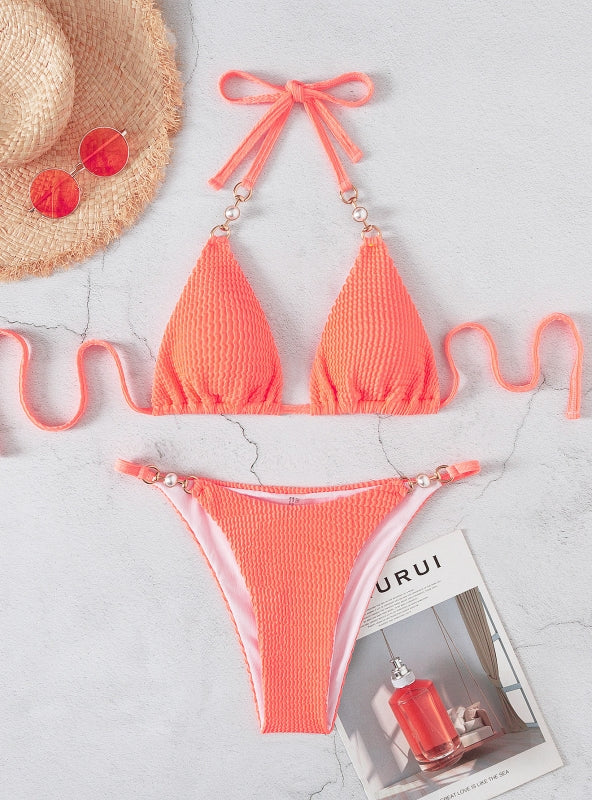 Solid Color Pearl Sexy Strap Beach Bikini