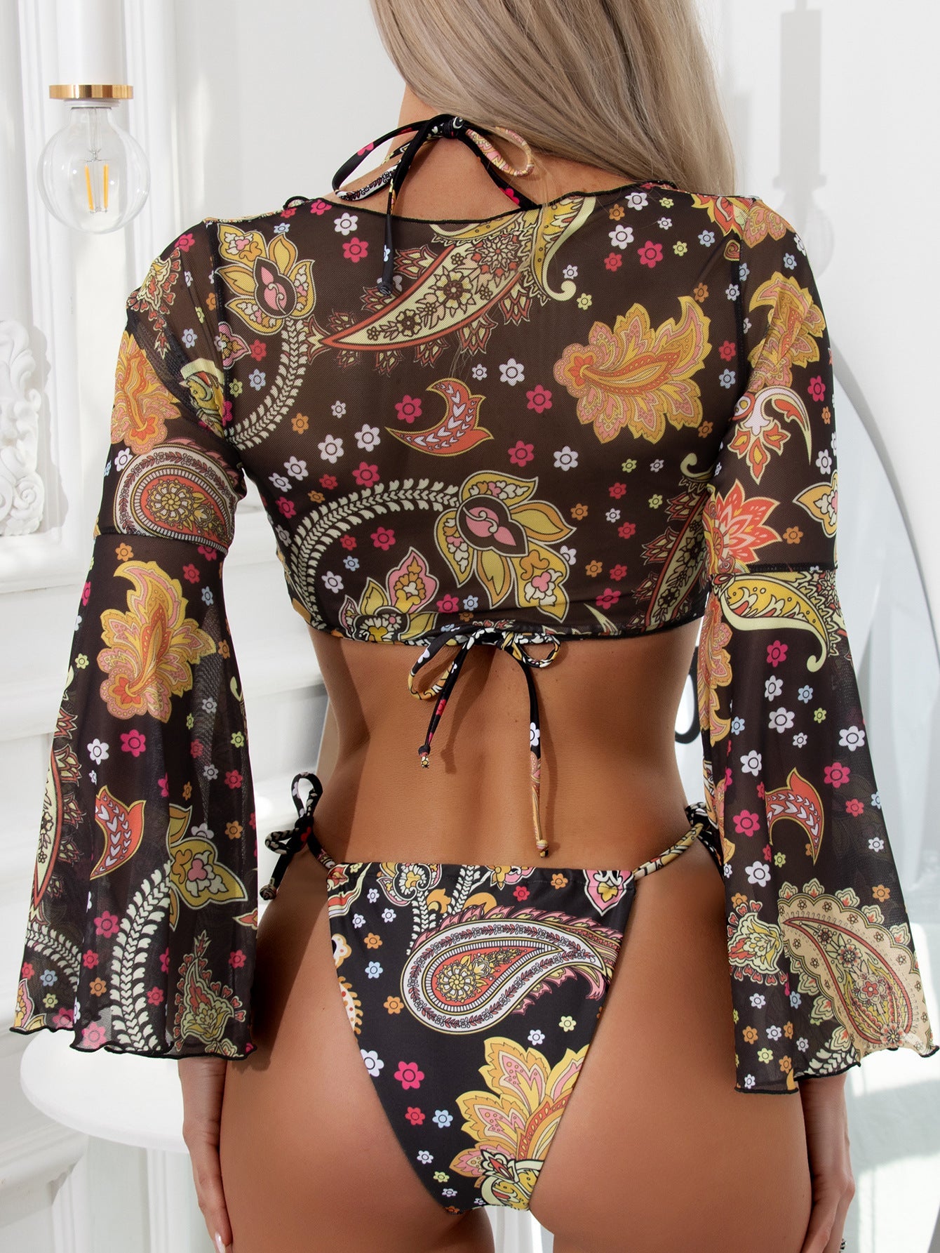 Printed Lace-up Three-piece Bikini