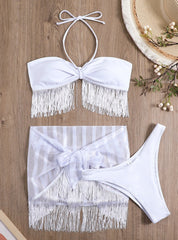 Tassel Sling Mesh Three-piece Swimsuit Bikini