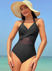 Solid Color Mesh One-piece Bikini