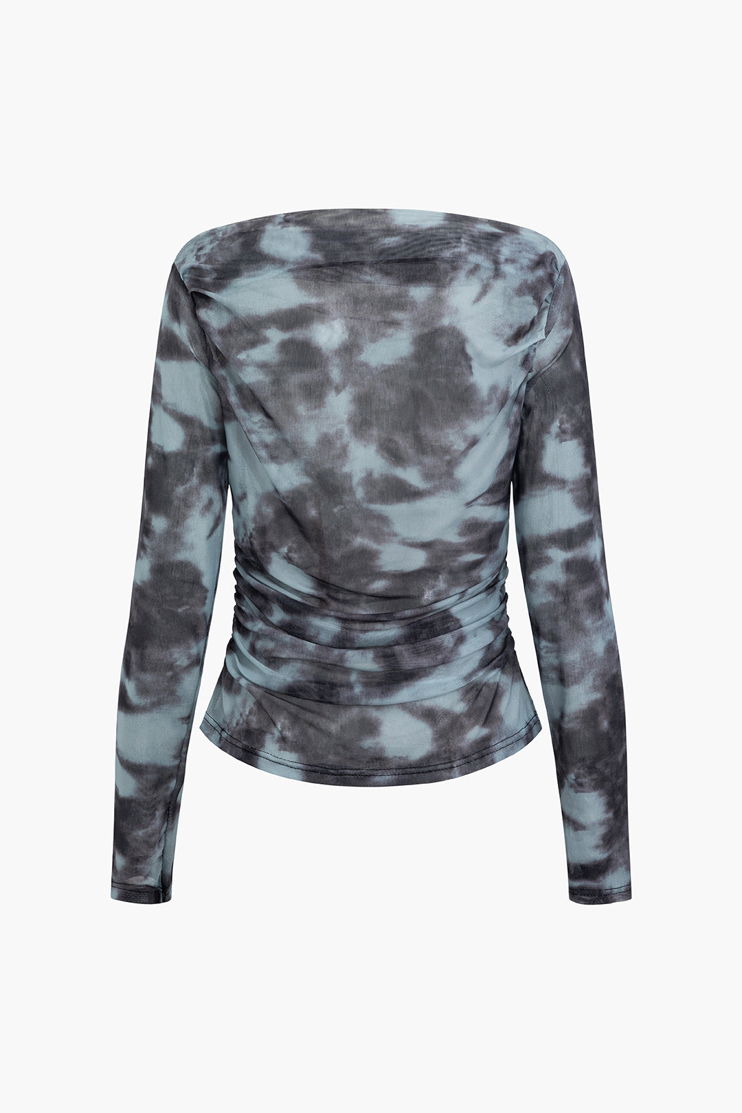 Tie-dye Boat Neck Mesh Ruched Long Sleeve Top