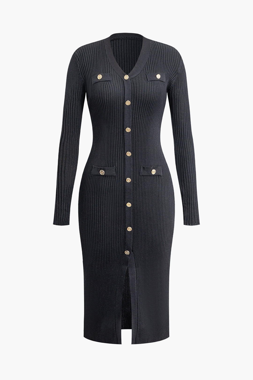 V-neck Button Up Rib Knit Long Sleeve Midi Dress