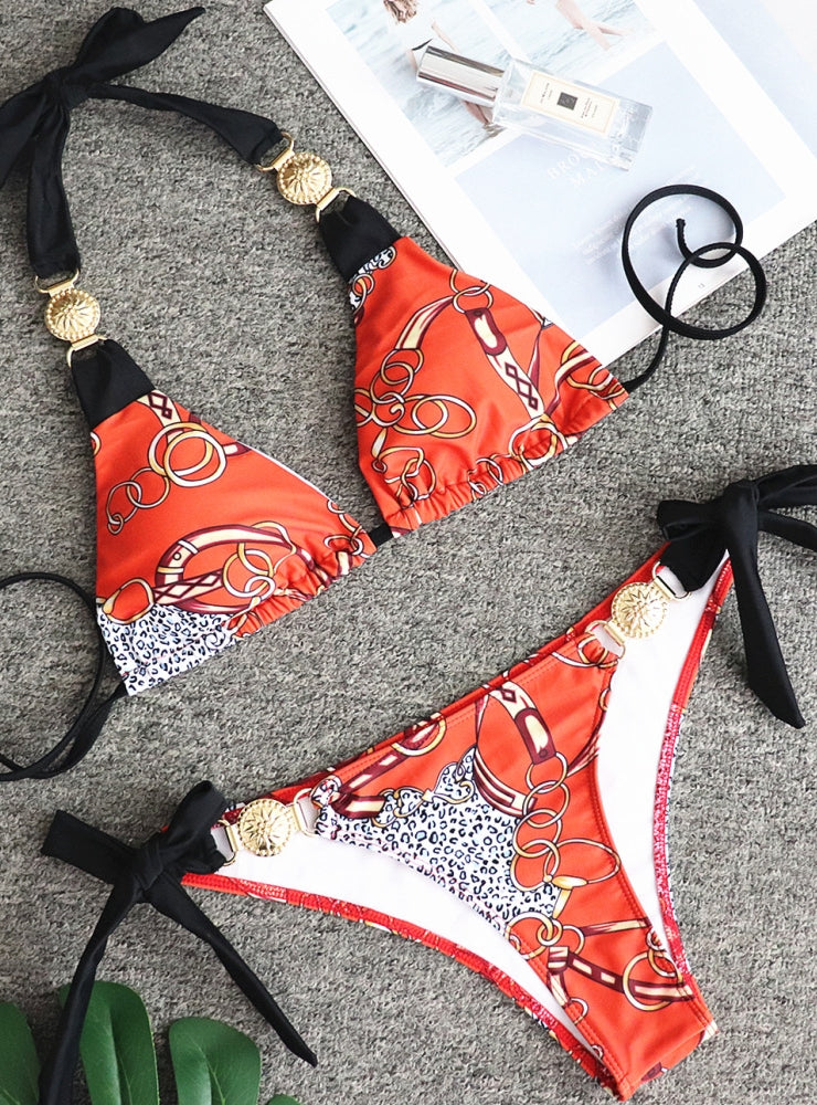 Sexy Printed Strap Metal Accessories Bikini