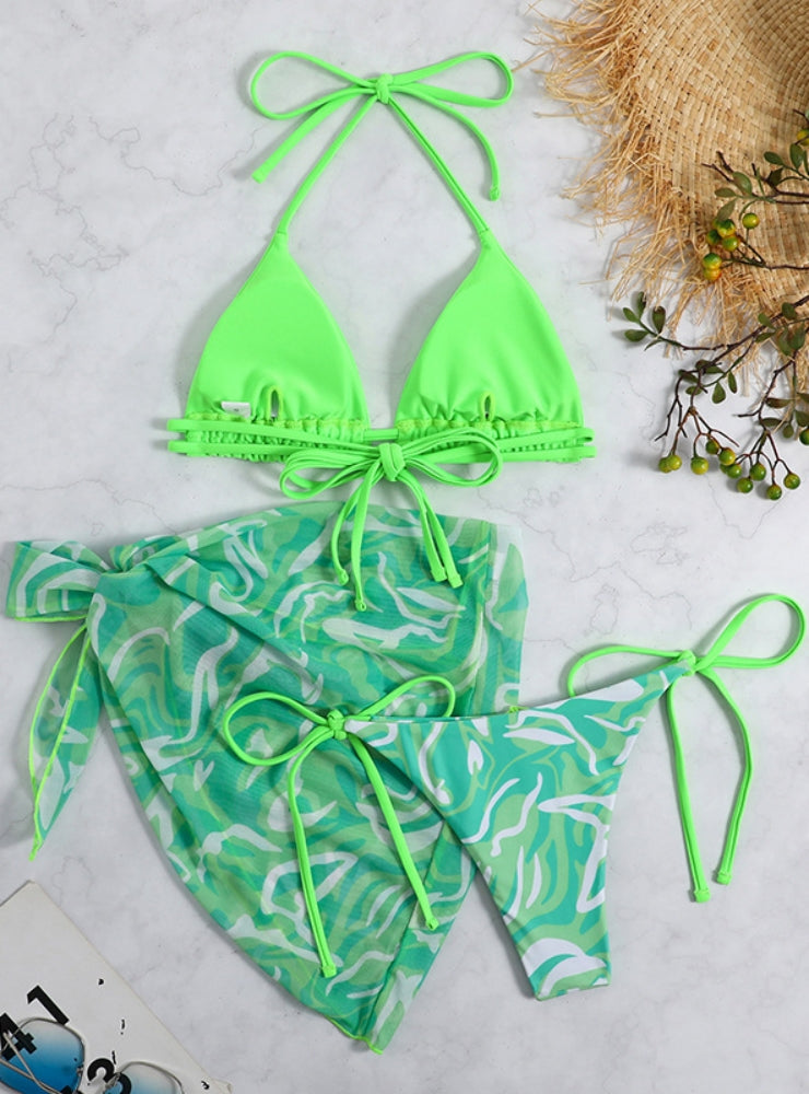 Printed Drawstring Three-piece Set Bikini