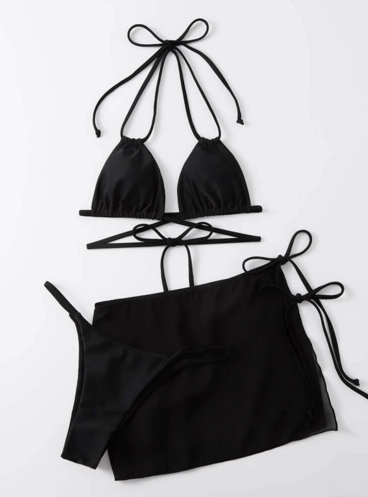 Drawstring Strap Solid Color Three-piece Bikini