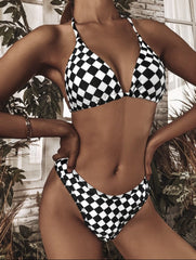 Checker Printed Mesh Three-piece Swimsuit