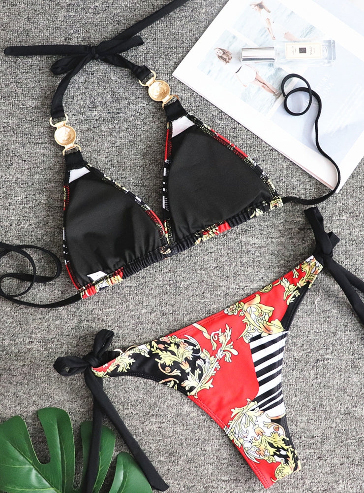 Printed Strap Sexy Metal Accessories Bikini