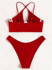 Cross Strap Solid Color Split Swimsuit