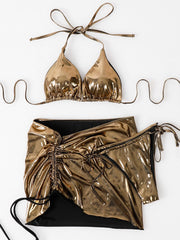 Solid Color Shiny Backless Three-piece Bikini