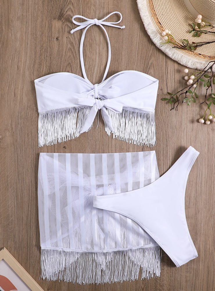 Tassel Sling Mesh Three-piece Swimsuit Bikini