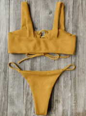 Lace Up Ribbed Texture Bikini Low Waist Wire