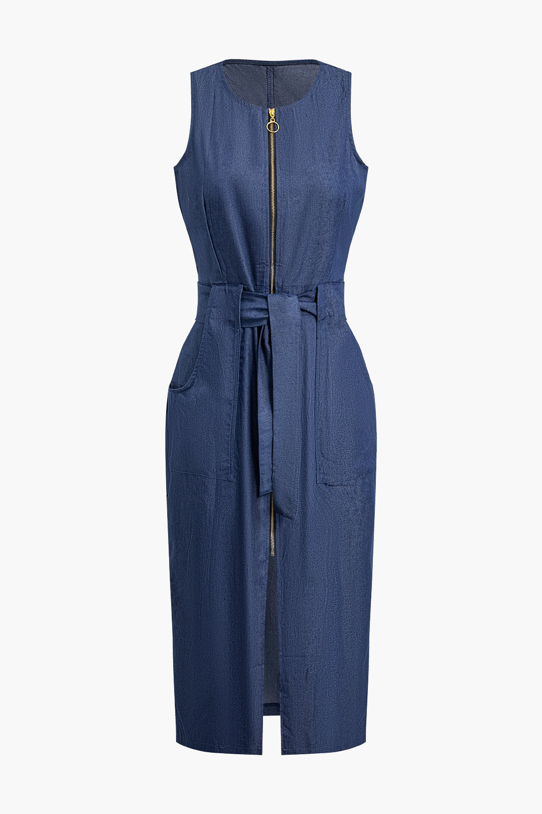 Zipper Belted Slit Sleeveless Denim Midi Dress