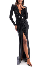 V-neck Pearl Cross Twist Front Ruched Long Sleeve Maxi Dress