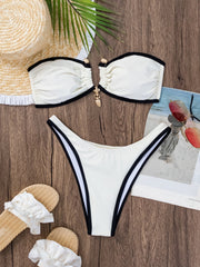 Contrasting Color Tube Top High Waist Bikini