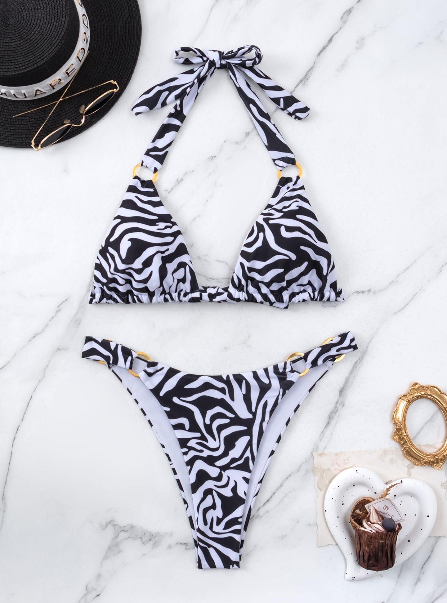 Sexy Printed Metal Ring Backless Bikini