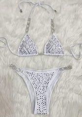 Sexy Rhinestones Split Solid Color Strap Bikini