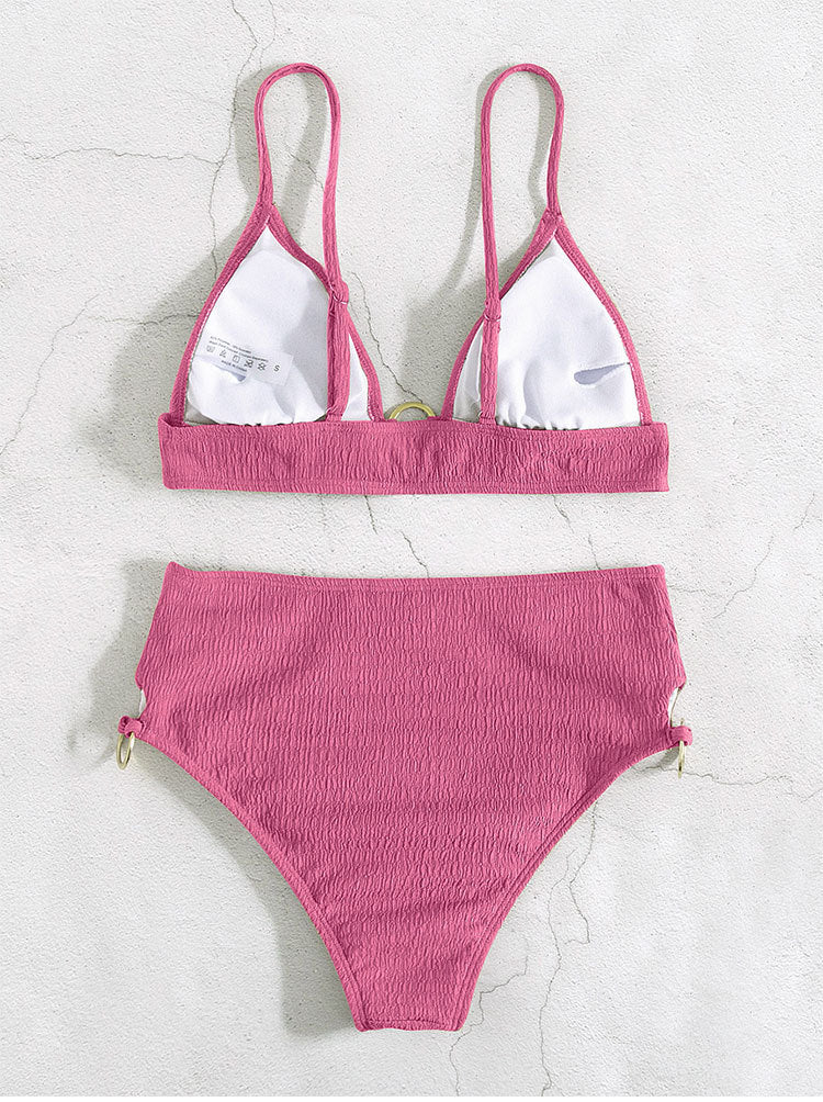 Solid Color Chest Gathered Split Bikini