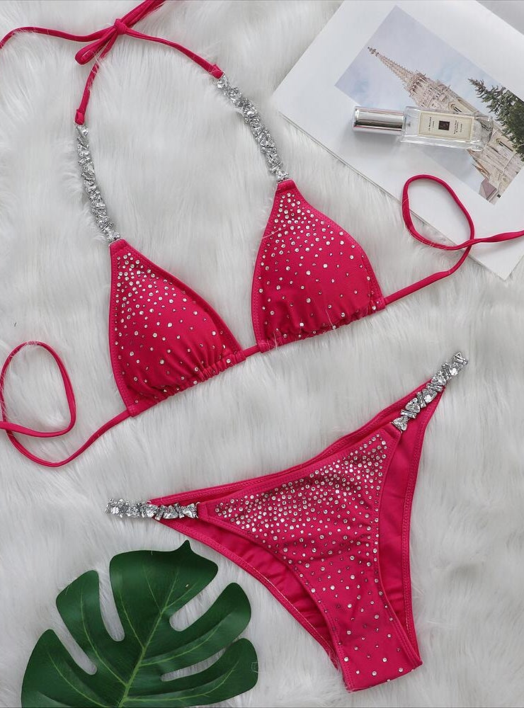 Sexy Rhinestone Solid Color Strap Bikini