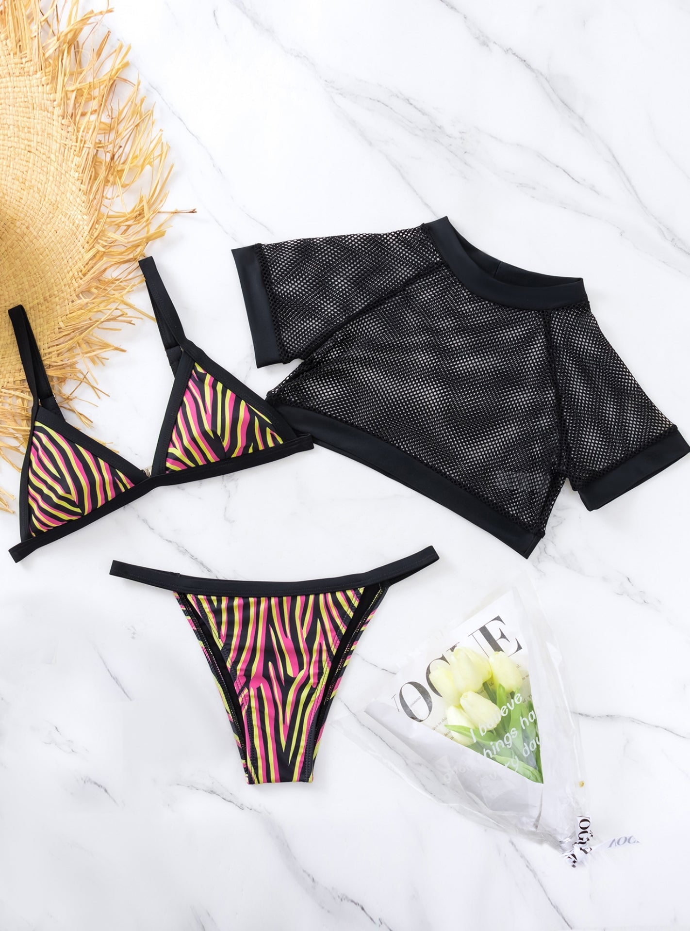 Colorful Printed Mesh Three-piece Bikini