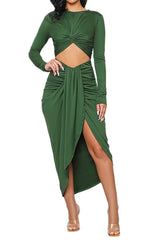 Twist Front Cut Out Ruched Long Sleeve Midi Dress