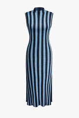 Vertical Stripe Mock Neck Knit Slit Sleeveless Midi Dress