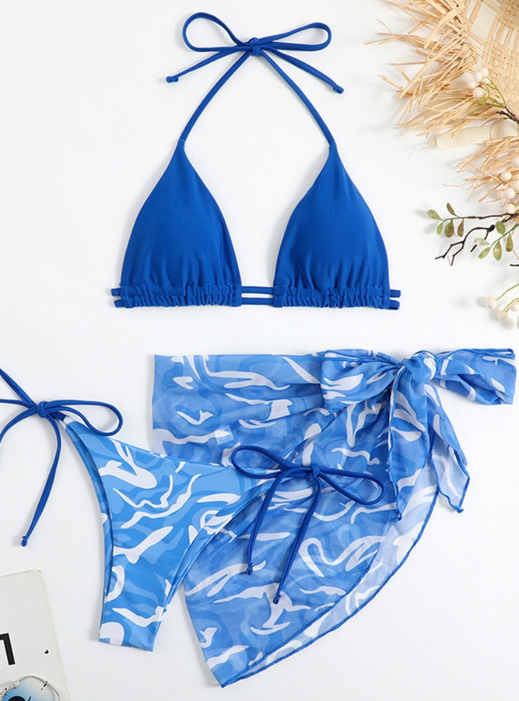 Printed Drawstring Three-piece Set Bikini