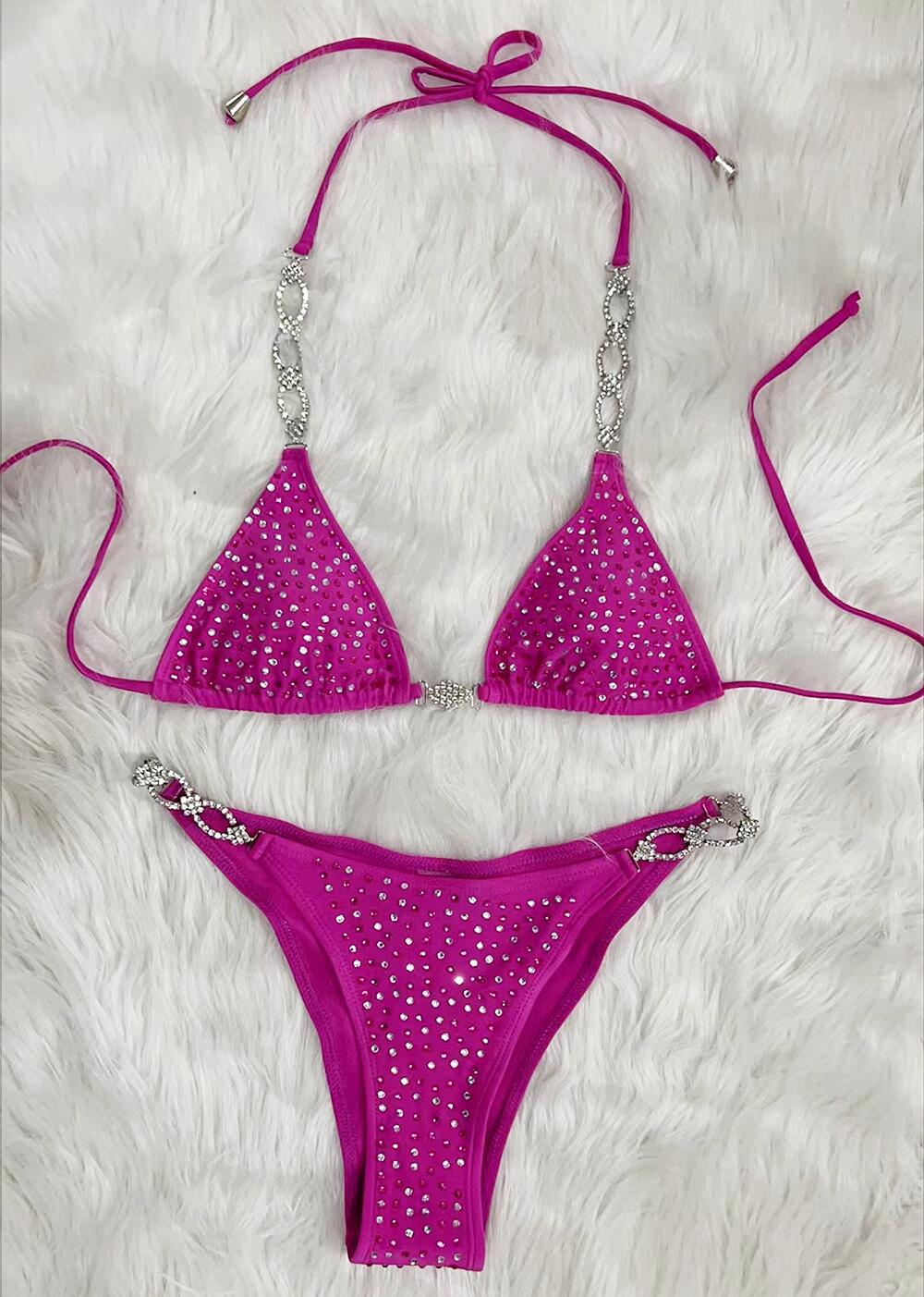 Sexy Rhinestones Split Solid Color Strap Bikini