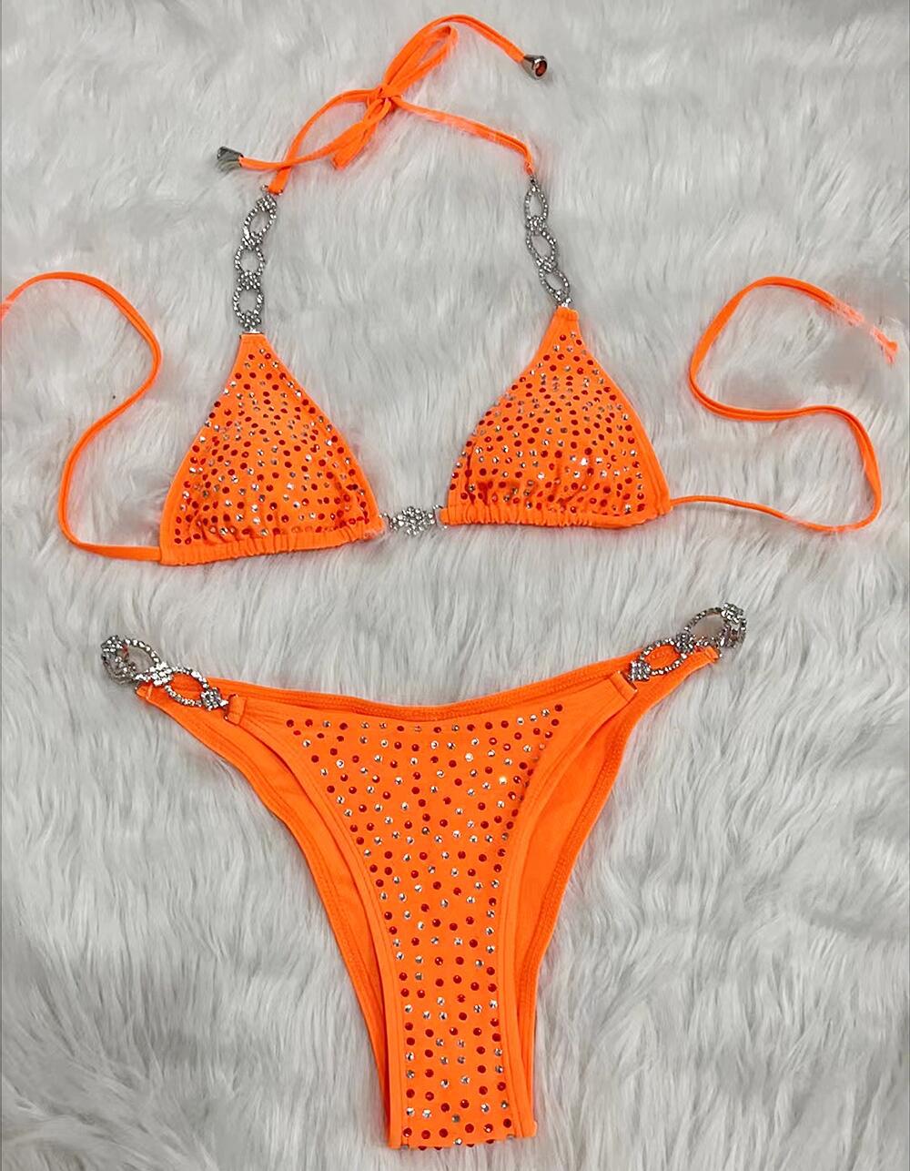 Sexy Rhinestones Split Solid Color Strap Bikini